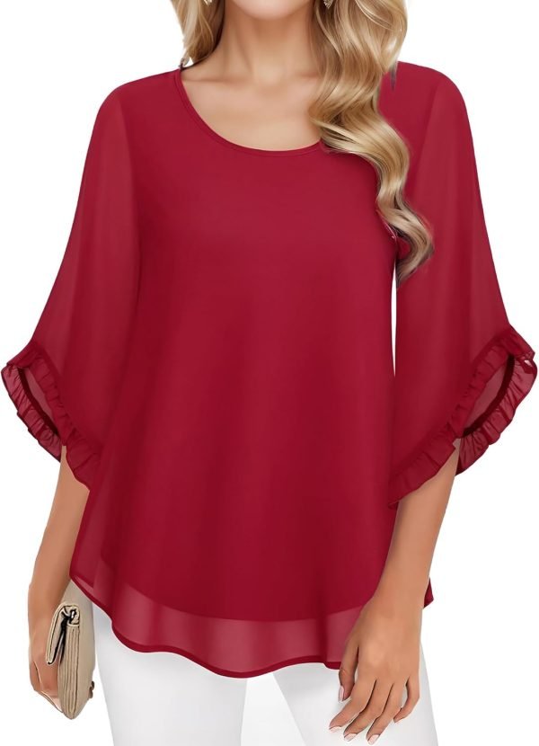 Womens 3/4 Ruffle Sleeve Tops Double Layer Chiffon Blouses Scoop Neck Flowy Tops Elegant Summer Shirt Tunic