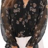 Womens Casual Boho Floral Print V Neck Long Sleeve Blouses Button Down Shirts Dressy Chiffon Loose Ruffle Tops