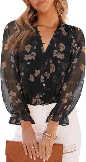 61veZLSDOOL._AC_SL1500 Womens Casual Boho Floral Print V Neck Long Sleeve Blouses Button Down Shirts Dressy Chiffon Loose Ruffle Tops