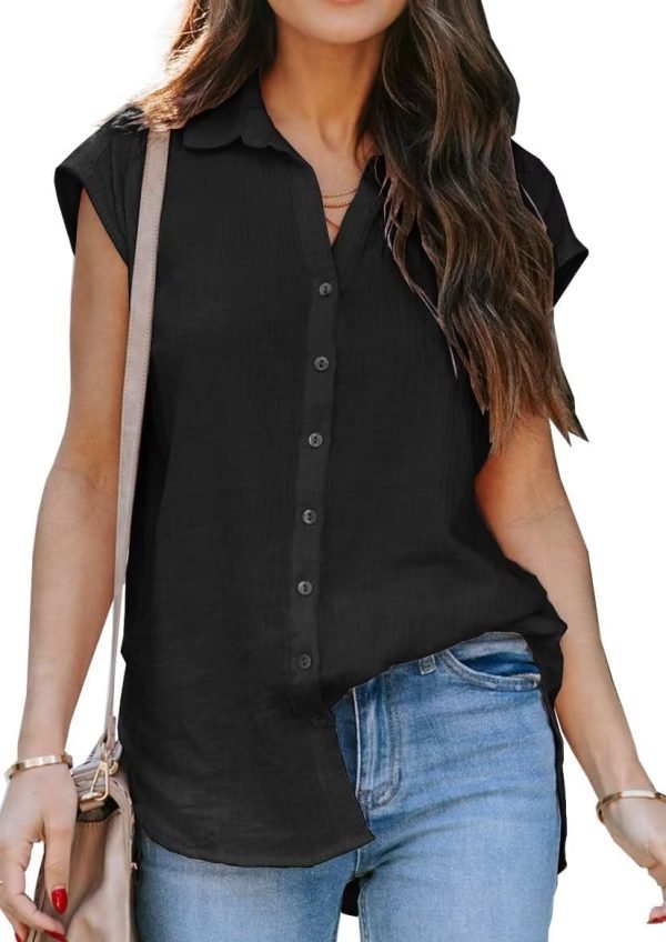 Women's V Neck Short Sleeve Button Down Shirts Casual Chiffon Blouses Tops