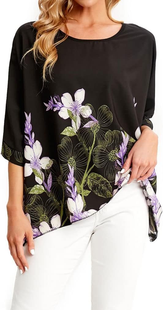 Women Chiffon Blouse Floral Batwing Sleeve Beach Cover Loose Tunic Shirt Tops