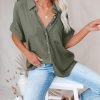 Women Chiffon Button Down Shirts with Pocket Short Sleeve Office Blouses V Neck Casual Business Tops Slim Fit Shirts