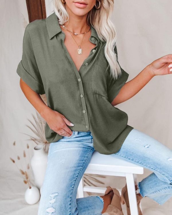 Women Chiffon Button Down Shirts with Pocket Short Sleeve Office Blouses V Neck Casual Business Tops Slim Fit Shirts