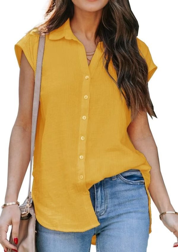 Women's V Neck Short Sleeve Button Down Shirts Casual Chiffon Blouses Tops