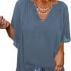 61xBbp5pRXL._AC_SL1500 Womens Chiffon Blouses Casual Solid Bell Sleeve Shirt Loose V Neck Pleated Tunic Tops