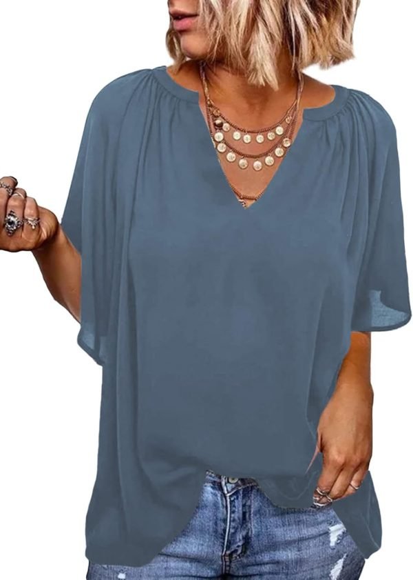 61xBbp5pRXL._AC_SL1500 Womens Chiffon Blouses Casual Solid Bell Sleeve Shirt Loose V Neck Pleated Tunic Tops