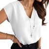 Women's V Neck Chiffon Blouses Cap Sleeve Shirts Casual Loose Work Office Solid Tops