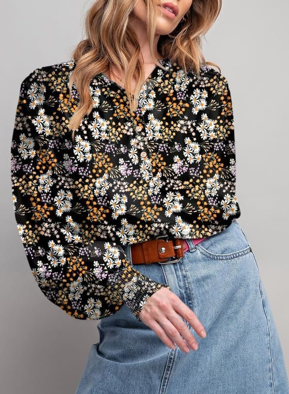 61xIL1-2HPL._AC Women's Casual V Neck Easel Floral Print Long Sleeve Blouses Smocked Button Down Shirts Bohemian Top