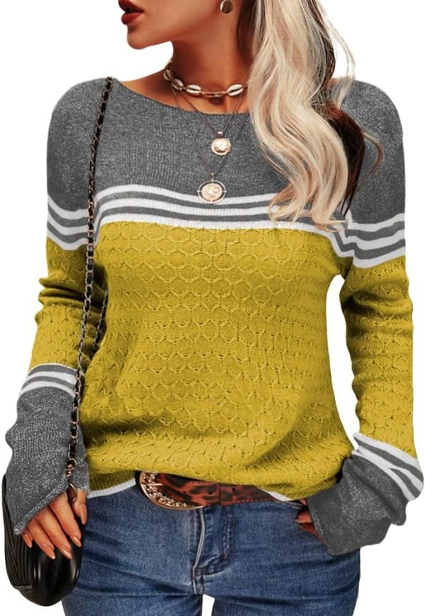 Women Autumn Winter Colorblock Pullover Sweaters Round Neck Striped Slim Fitting Knitwear Tops