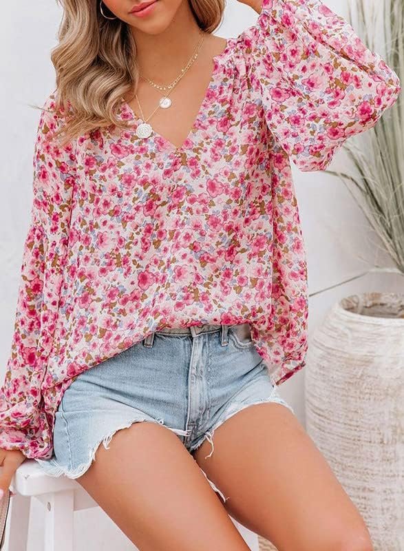 Women's Casual Boho Floral Print V Neck Long Sleeve T Shirt Blouses