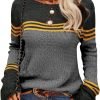 Women Autumn Winter Colorblock Pullover Sweaters Round Neck Striped Slim Fitting Knitwear Tops
