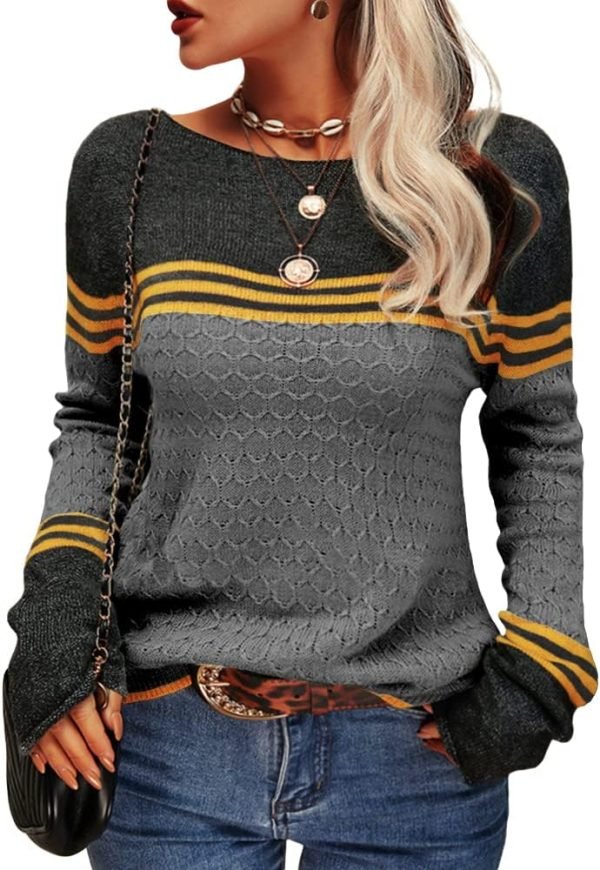 Women Autumn Winter Colorblock Pullover Sweaters Round Neck Striped Slim Fitting Knitwear Tops
