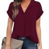Women's Bat Wing V Neck Short Sleeve Chiffon Blouses for Office Work Business Attire Collared Casual Summer Shirts