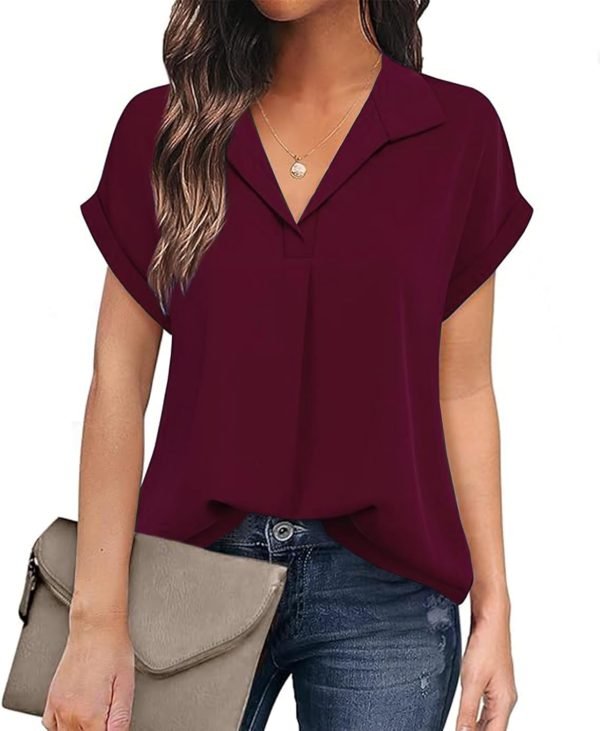 Women's Bat Wing V Neck Short Sleeve Chiffon Blouses for Office Work Business Attire Collared Casual Summer Shirts