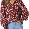 61zRzIfmajL._AC Women's Casual V Neck Easel Floral Print Long Sleeve Blouses Smocked Button Down Shirts Bohemian Top