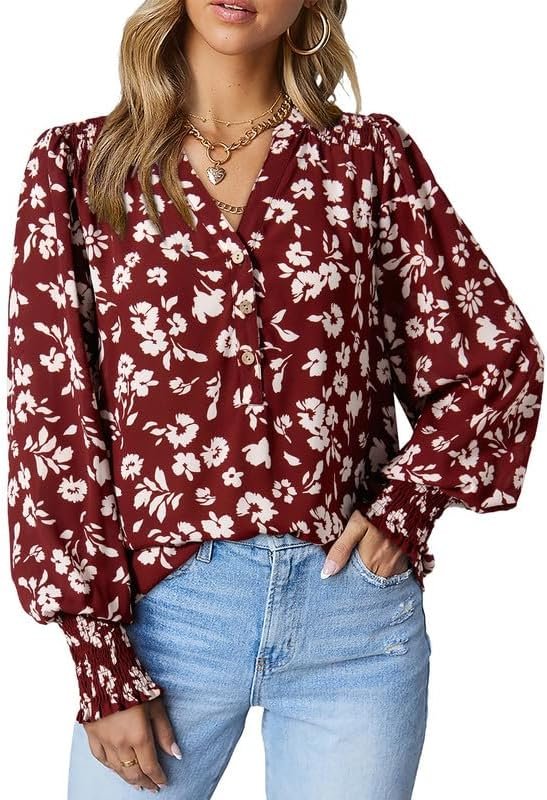 61zRzIfmajL._AC Women's Casual V Neck Easel Floral Print Long Sleeve Blouses Smocked Button Down Shirts Bohemian Top