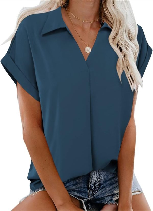 Women's Summer Work Blouse V Neck Short Sleeve Lapel Shirt Top Tunic