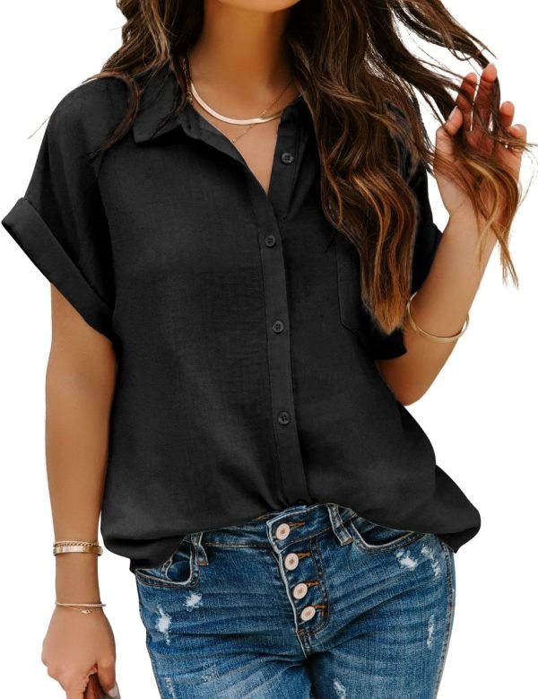 Women Chiffon Button Down Shirts with Pocket Short Sleeve Office Blouses V Neck Casual Business Tops Slim Fit Shirts
