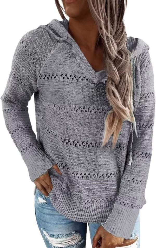 Women Color Block Hooded Crochet Striped Sweaters Lightweight Drawstring Hoodies Pullover Trendy Sweatshirts