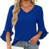 Chiffon Blouses for Women Ruffle 3/4 Sleeve Dressy V Neck Casual Flowy Tunic Tops