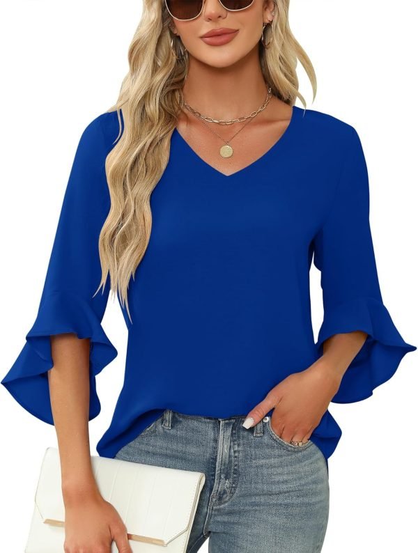 Chiffon Blouses for Women Ruffle 3/4 Sleeve Dressy V Neck Casual Flowy Tunic Tops