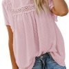 Womens Crewneck Lace Crochet Pom Pom Flowy Short Sleeve Casual Shirts Blouses Tops