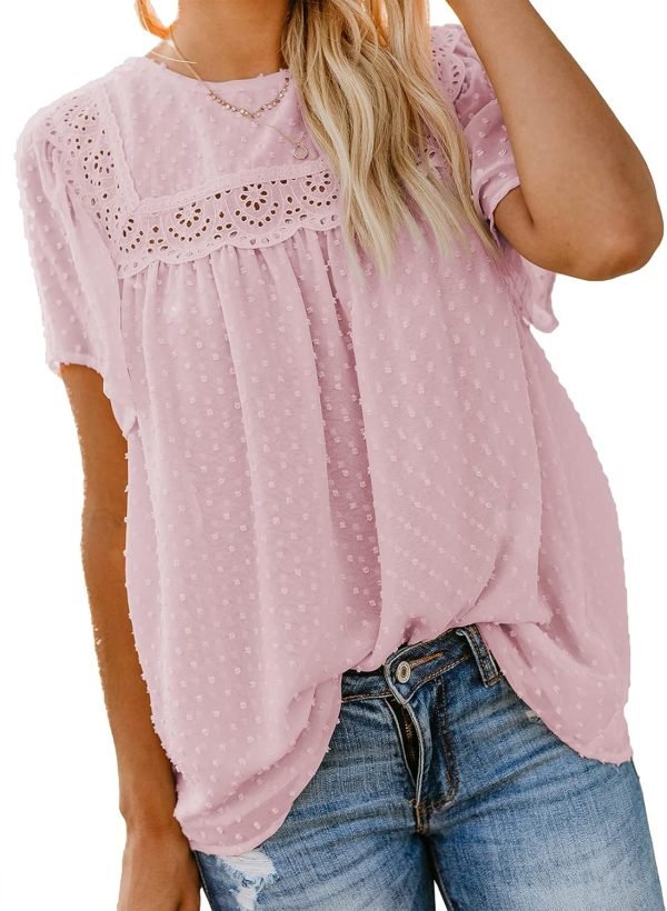 Womens Crewneck Lace Crochet Pom Pom Flowy Short Sleeve Casual Shirts Blouses Tops