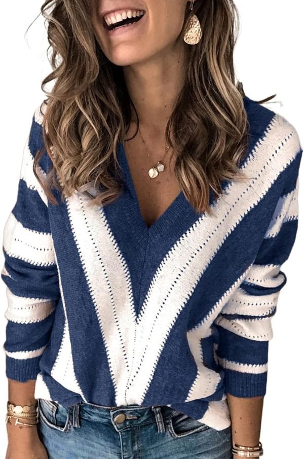 Womens 2024 Deep V Neck Sweaters Striped Long Sleeve Knit Pullover Sweaters for Women