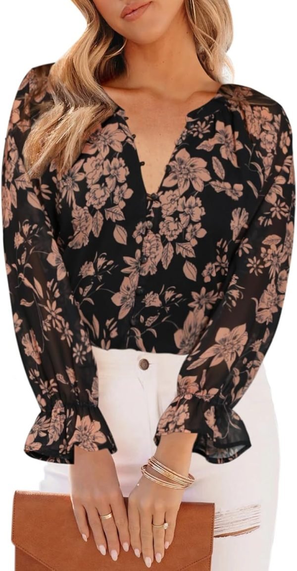 Womens Casual Boho Floral Print V Neck Long Sleeve Blouses Button Down Shirts Dressy Chiffon Loose Ruffle Tops