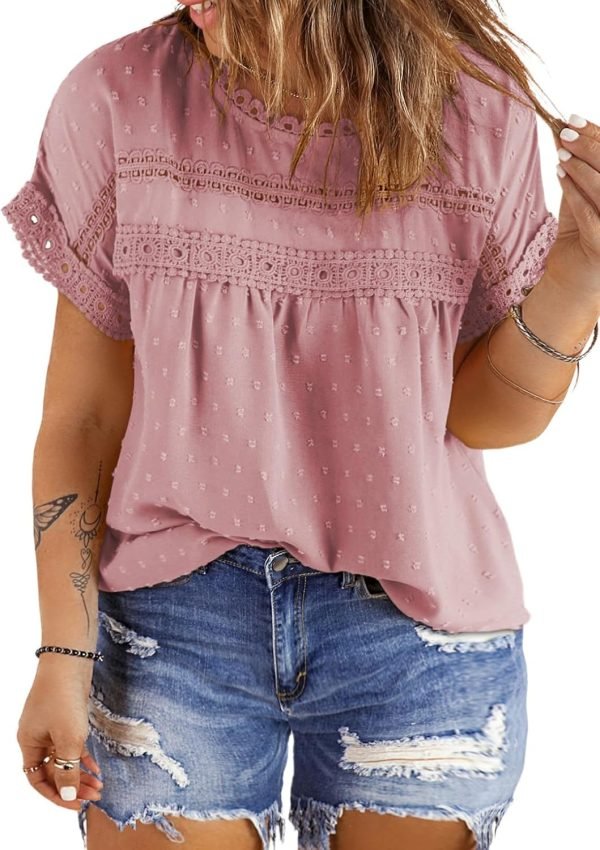71-lbgmj7XL._AC_SL1500 Women Plus Size Tops Crewneck Short Sleeve Lace Crochet Loose Casual Summer Blouses Shirts(1X-5X)