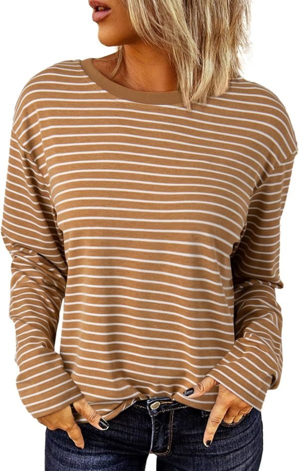 Women's Casual Striped Long Sleeve Tops Crew Neck Knit Ribbed Basic T Shirts
