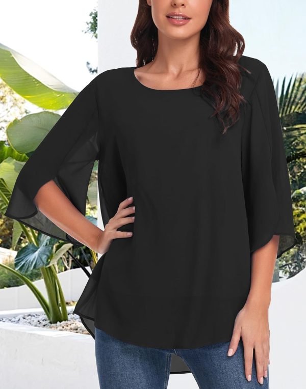 Womens Tops Dressy Casual Summer Chiffon Blouse 3/4 Sleeve Loose Mesh Tunic Shirts