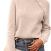 Women's Sweaters Casual Long Sleeve Button Down Crew Neck Ruffle Knit Pullover Sweater Tops Solid Color Striped