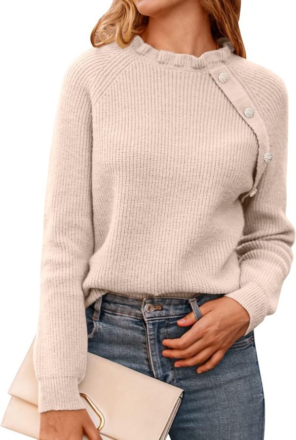 Women's Sweaters Casual Long Sleeve Button Down Crew Neck Ruffle Knit Pullover Sweater Tops Solid Color Striped