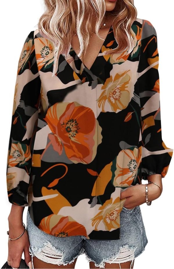 Women's Long Sleeve V Neck Shirt Dressy Pleated Top Casual Loose Chiffon Blouses