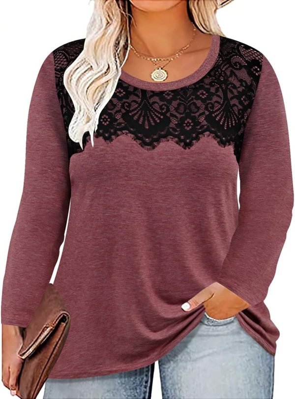 Plus Size Lace Tops for Women Long Sleeve Crewneck Pullover Fall T-shirts Tunics Basic Tees T-Shirts XL-5XL