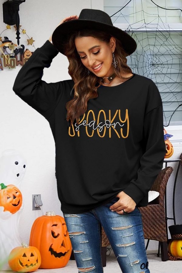 Embroidered Sweatshirt Women Halloween Sweatshirts Fall Lightweight Pullover Autumn Long Sleeve Top