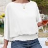 Womens Solid Short Sleeve Boat Crew Neck Chiffon Blouses 3/4 Sleeve Casual Dressy Shirts Batwing Dolman Top Tunic