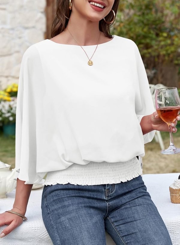 Womens Solid Short Sleeve Boat Crew Neck Chiffon Blouses 3/4 Sleeve Casual Dressy Shirts Batwing Dolman Top Tunic