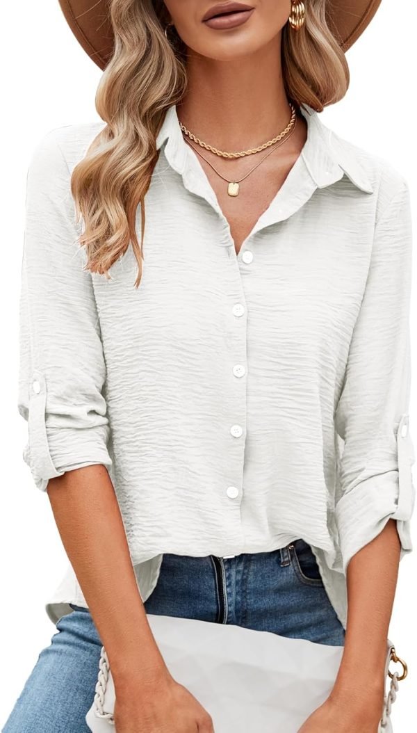 Womens Button Down Shirts V Neck Roll Up 3/4 Length Sleeve Tops Elegant Dressy Blouses Business Casual Outfits