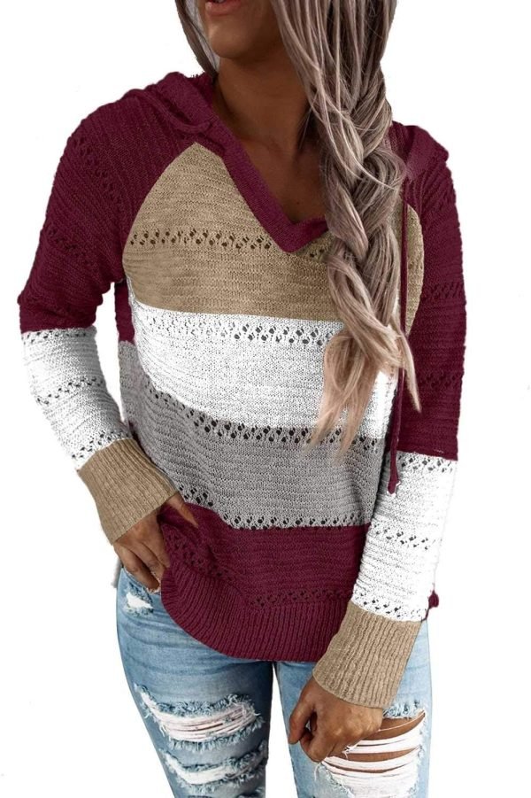 Women Color Block Hooded Crochet Striped Sweaters Lightweight Drawstring Hoodies Pullover Trendy Sweatshirts