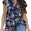 Women's V Neck Short Sleeve Button Down Shirts Casual Chiffon Blouses Tops