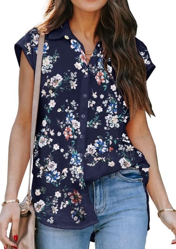 Women's V Neck Short Sleeve Button Down Shirts Casual Chiffon Blouses Tops