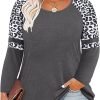 Plus Size T Shirt for Women Long Sleeve Raglan Tops Tee Shirts Color Block Top Leopard Plaid Print XL-5XL 14W-28W