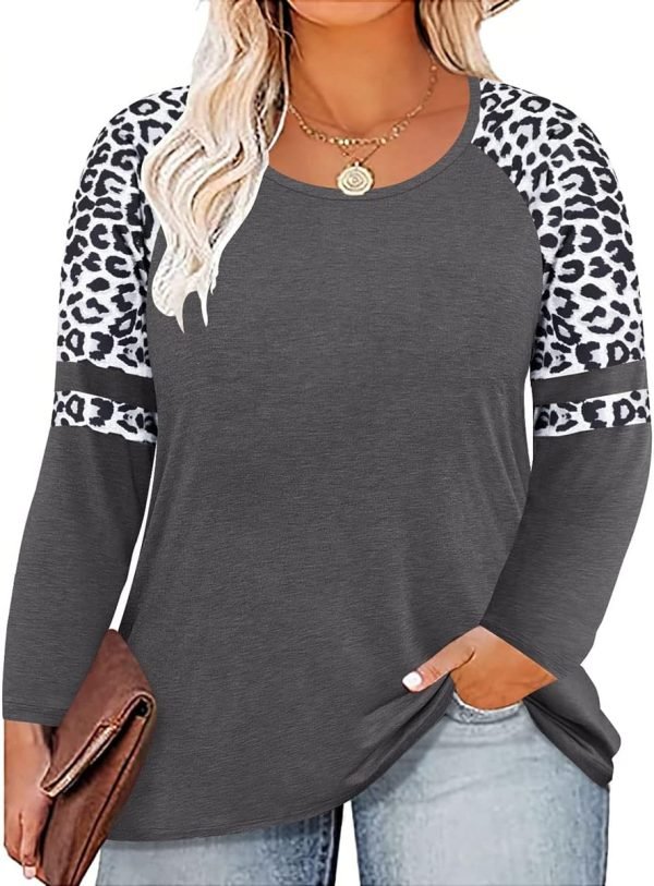 Plus Size T Shirt for Women Long Sleeve Raglan Tops Tee Shirts Color Block Top Leopard Plaid Print XL-5XL 14W-28W