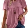 Womens Summer Tops Crewneck Short Sleeve Shirts Casual Chiffon Blouses Flowy Lace Hem Boho Clothing Trendy 2024