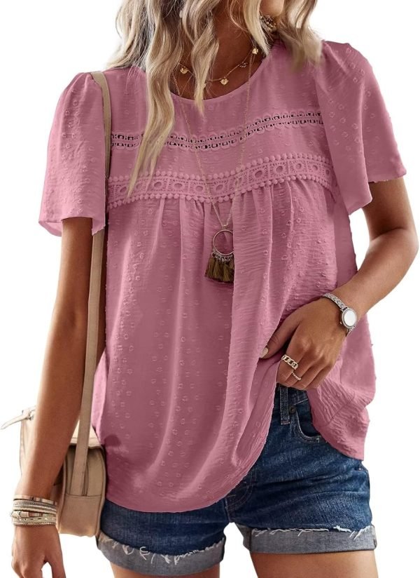 Womens Summer Tops Crewneck Short Sleeve Shirts Casual Chiffon Blouses Flowy Lace Hem Boho Clothing Trendy 2024