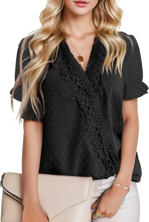 Chiffon Blouse for Womens Dressy Casual Short Sleeve Shirt V Neck Swiss Dot Top