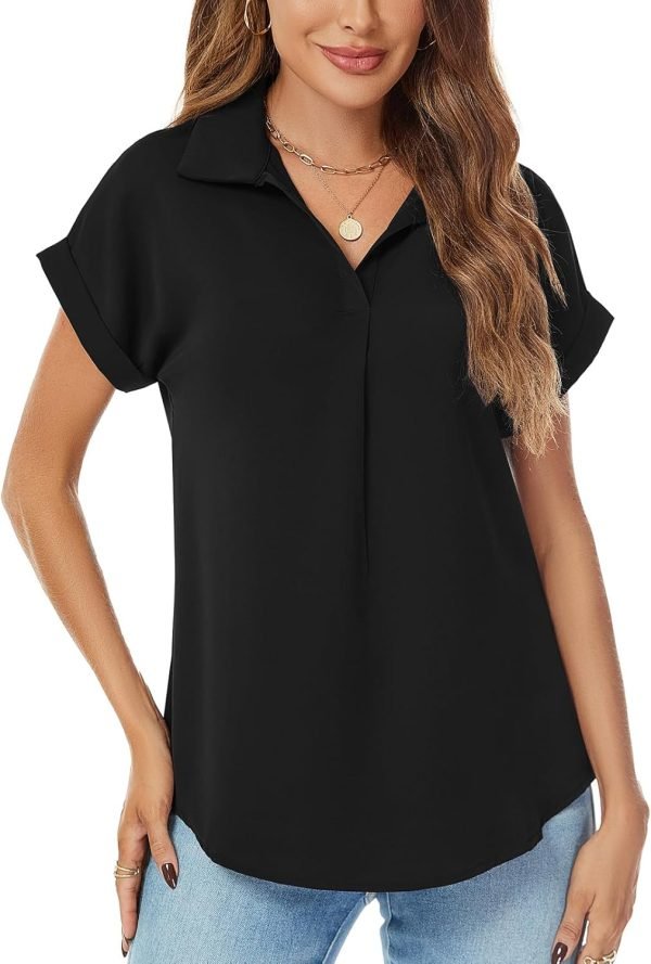 Women's Bat Wing V Neck Short Sleeve Chiffon Blouses for Office Work Business Attire Collared Casual Summer Shirts