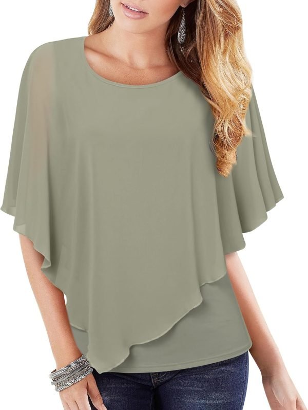 Women's Lightweight Flowy Shirt Double-Layered Printed Chiffon Poncho Blouse Top